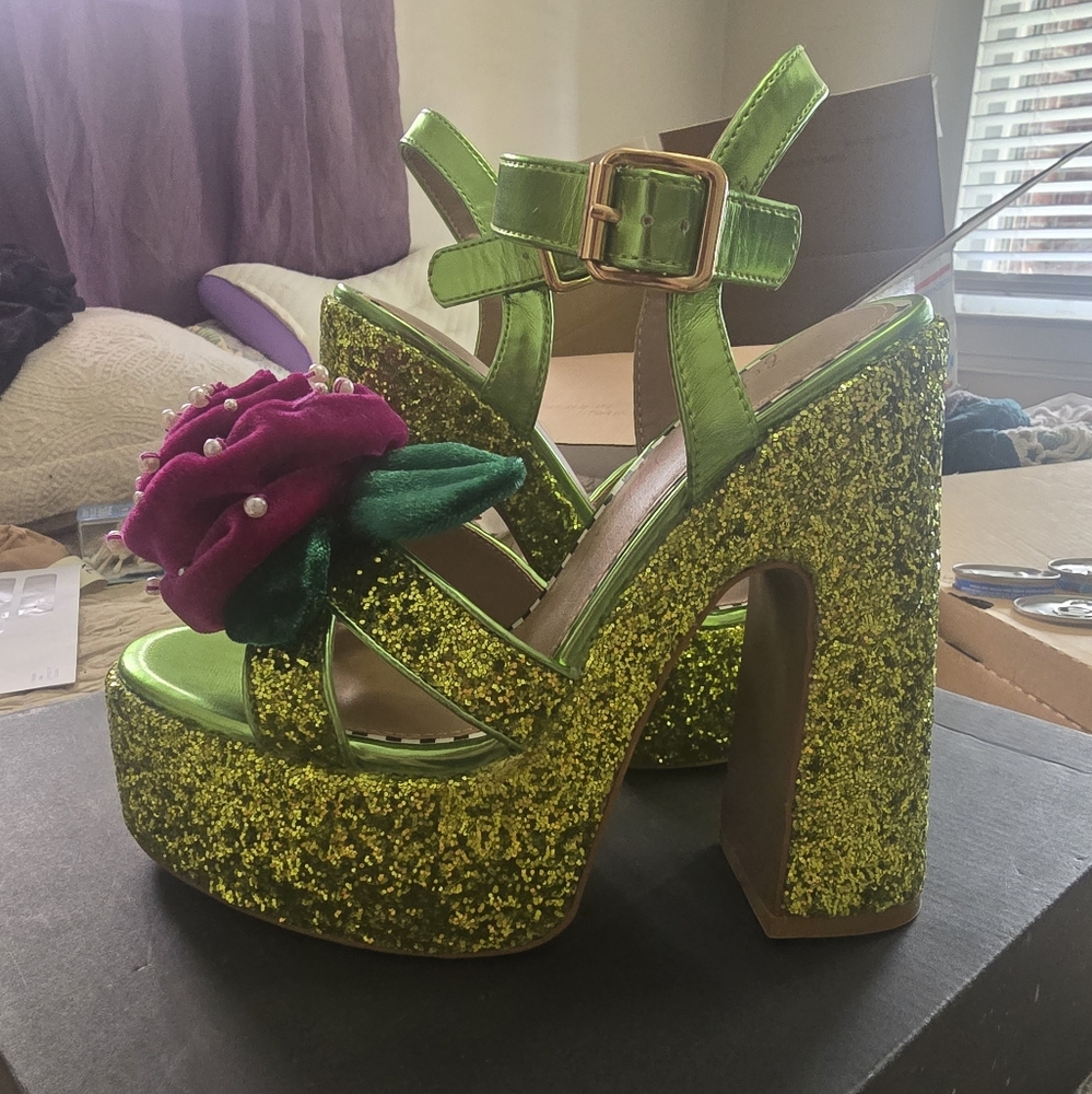 Betsey Johnson Lime Glitter Platform Heels with Floral Detail